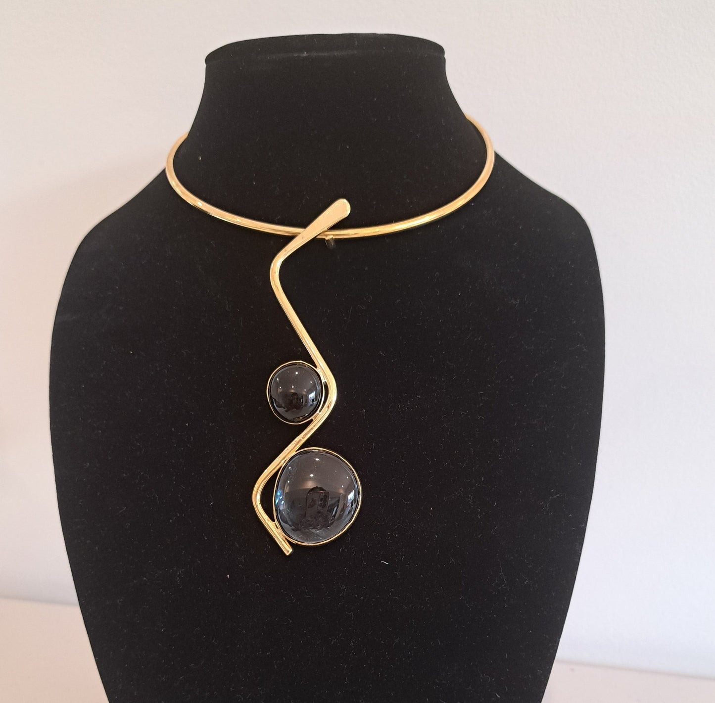 Statement Brass Necklace With Black Stone Inlay