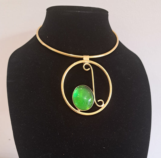 Statement Brass Necklace With Green Stone Inlay