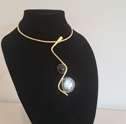 Statement Brass Necklace With Silver Stone Inlay